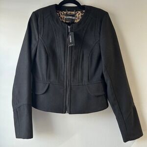 Express‎ Peplum Jacket Women Small Black NWT Leopard Lining Zip Front Tailored